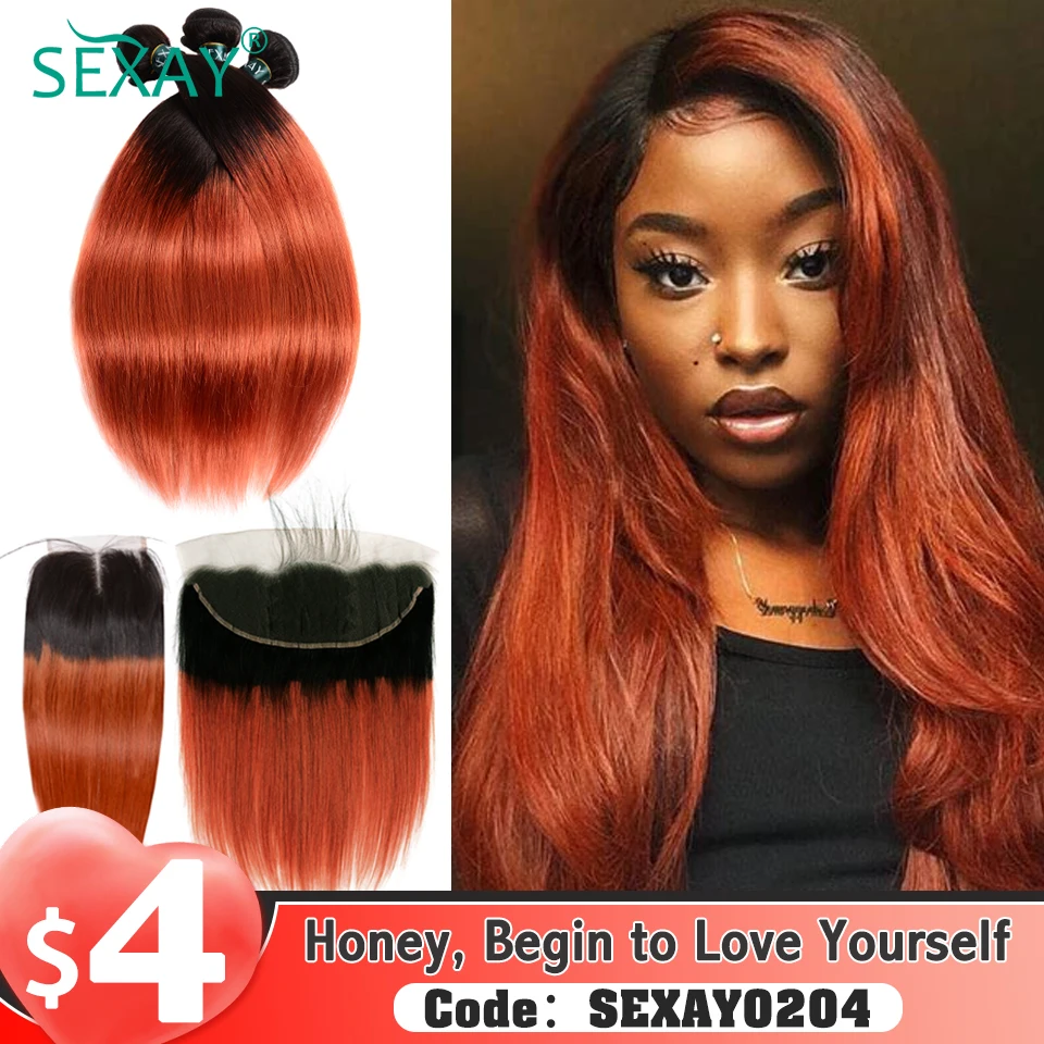 Sexay 1B Orange Bundles With Closure Baby Hair Brazilian Bone Straight  Human Hair Weave 3 Bundles With Lace Frontals Pre Plucked