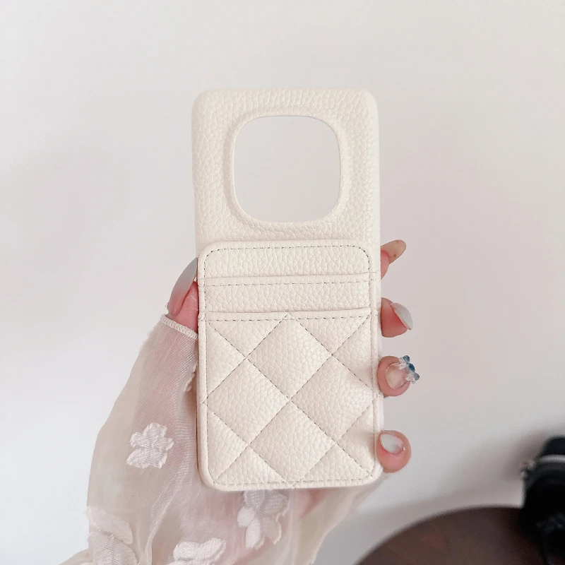 Lingge Leather Card Slot Wallet Phone Case - Solid Color Design