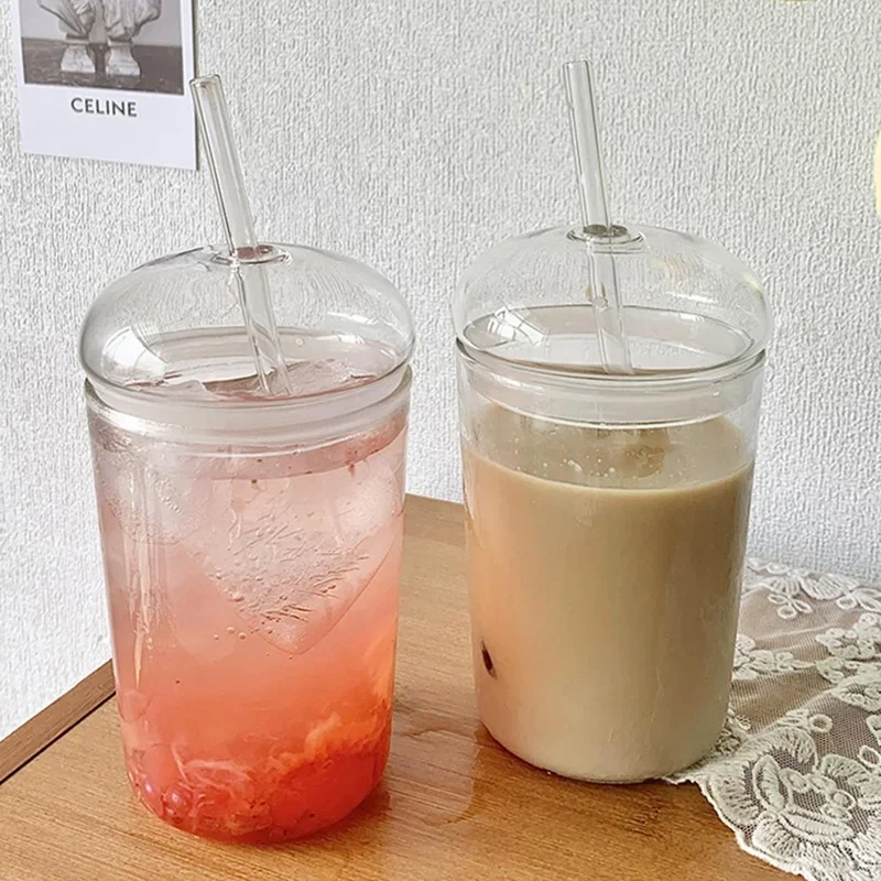 450ML Drinking Glasses with Dome Lids and Glass Straw Can Shaped Glass Cups Beer Glasses Iced Coffee Tumbler Cup DIY Drinkware - 2