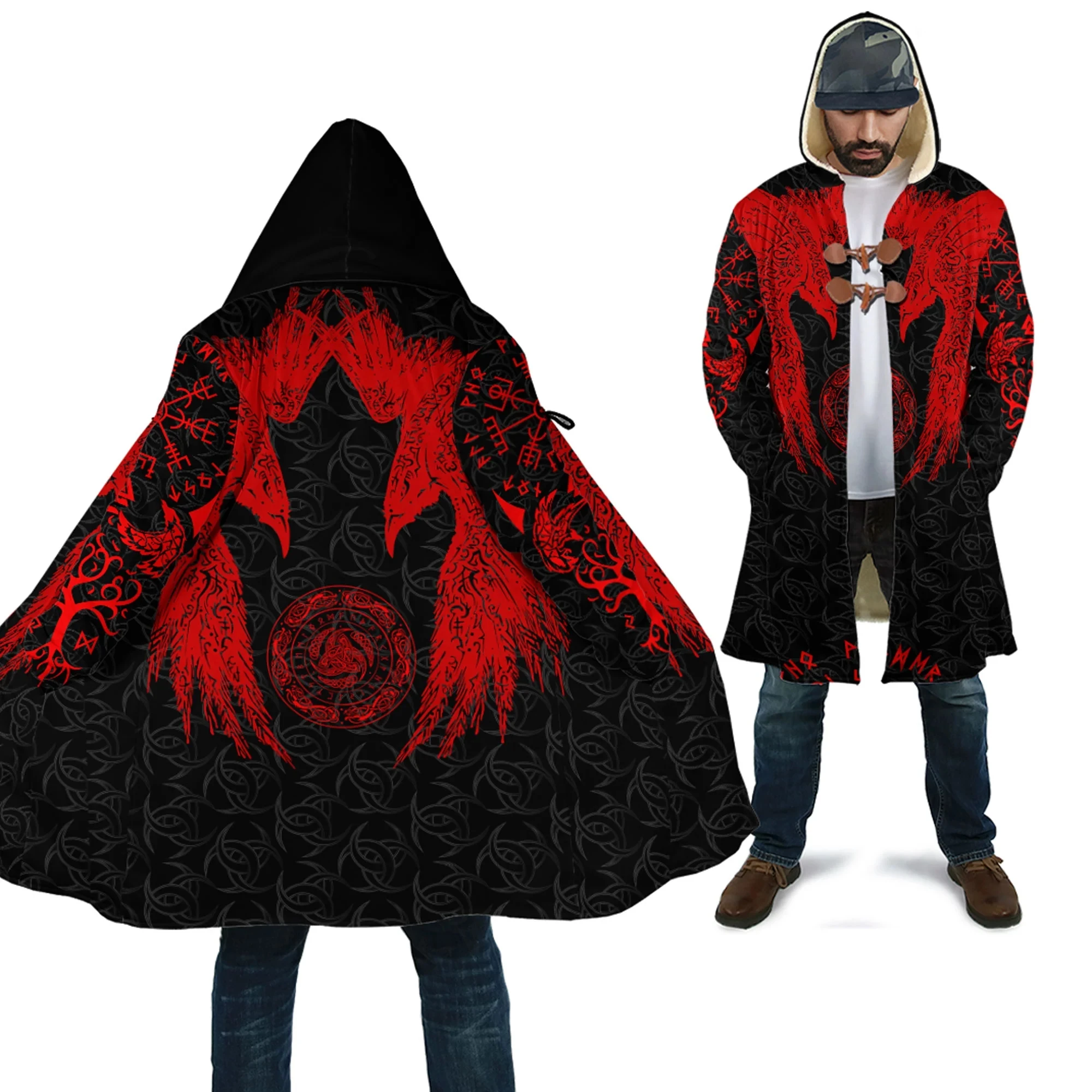 

Red Raven and Horn of Odin Tattoo 3D All Over Printed Men's Fleece Hooded Cloak Winter Unisex Casual Thick Warm Cloak Coat PF110