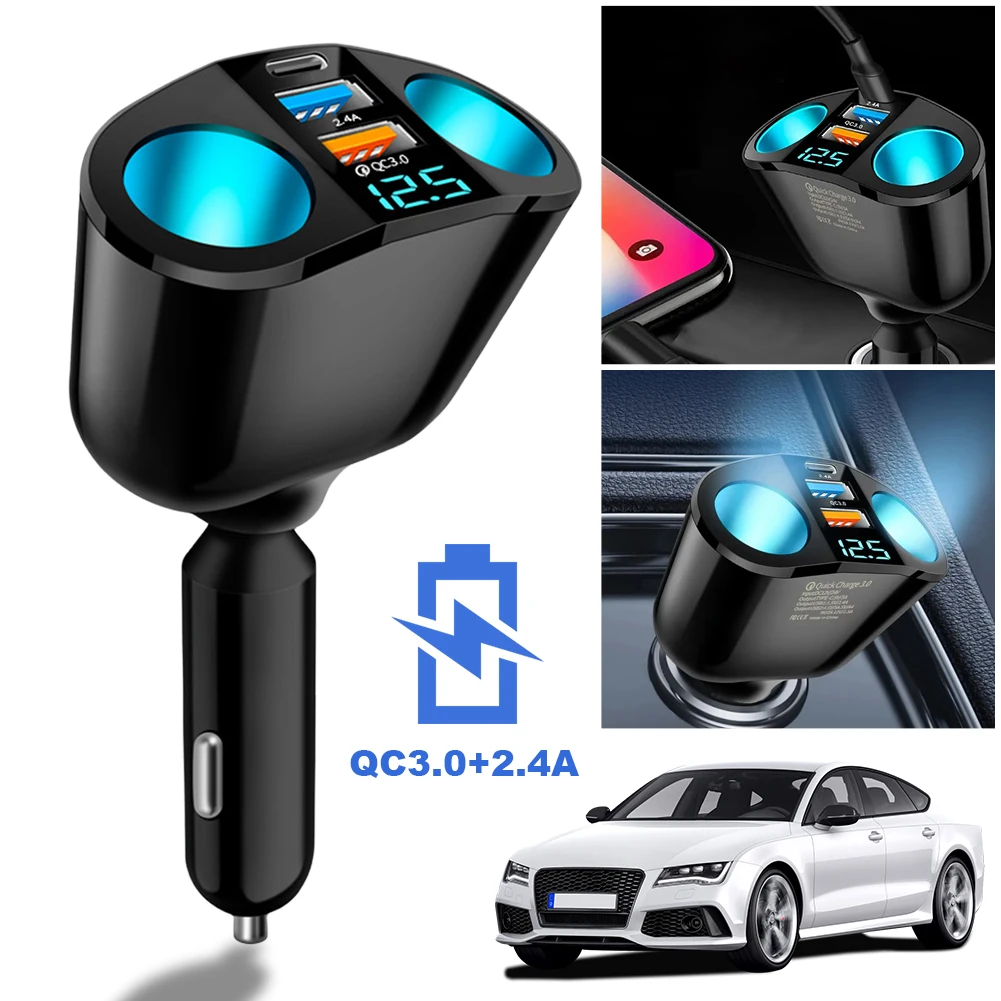 QC3.0 Car Charger Dual USB Power Adapter Car Cigarette Lighter Socket LED Digital Display Lighter USB Dual Power Splitter