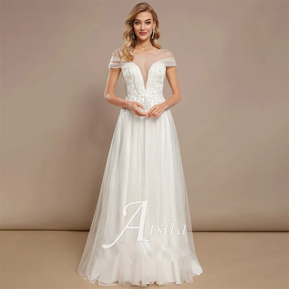 

New A-line Bride Dresses Illusion Neck Sweep Train Tulle Lace Sequins Wedding Dresses For Woman Wedding Dress Vestidos De Novia