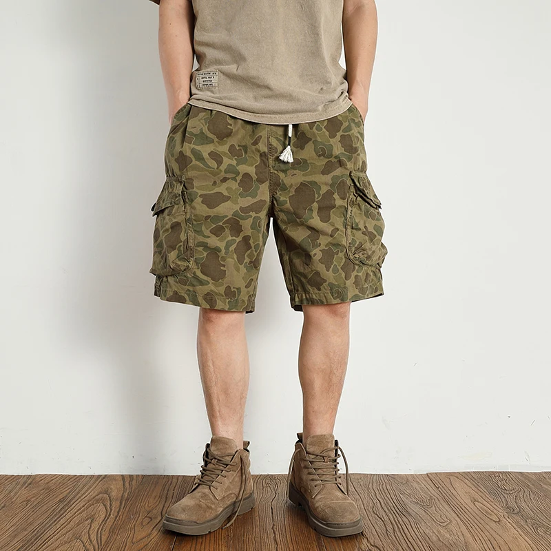 Vintage de spot camouflage cargo shorts men's loose straight leg summer new multi-pocket quarter pants casual pants trend 5