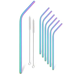 Deluxe 7 - Piece Reusable Silver Metal Straw Set with Cleaning Brushes (Rainbow)