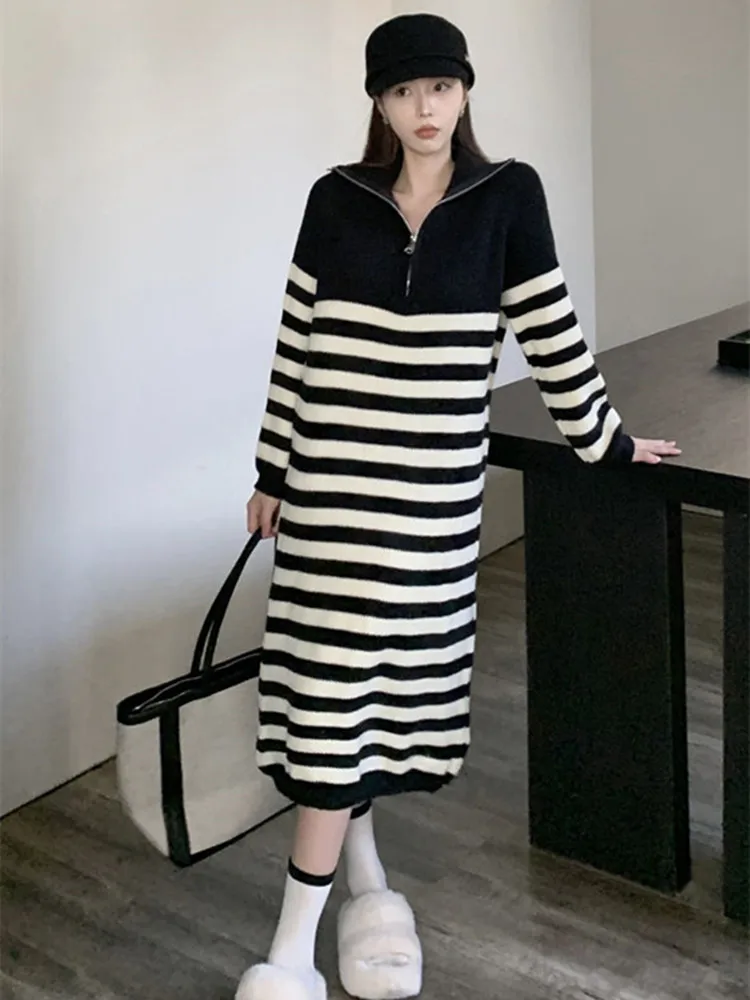 

Elegant Dresses for Women Dresses Autumn Winter 2023 Stripe Knitted Black Dress Zipper Loose Female Dress Party Dress Long Dress