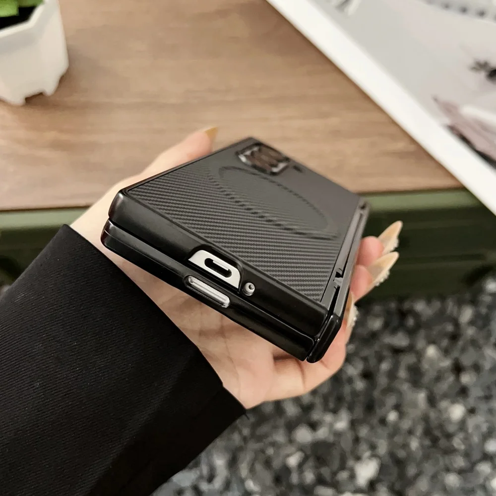 Premium Carbon Fiber Magnetic Hinge Phone Case with Wireless Charging Compatibility