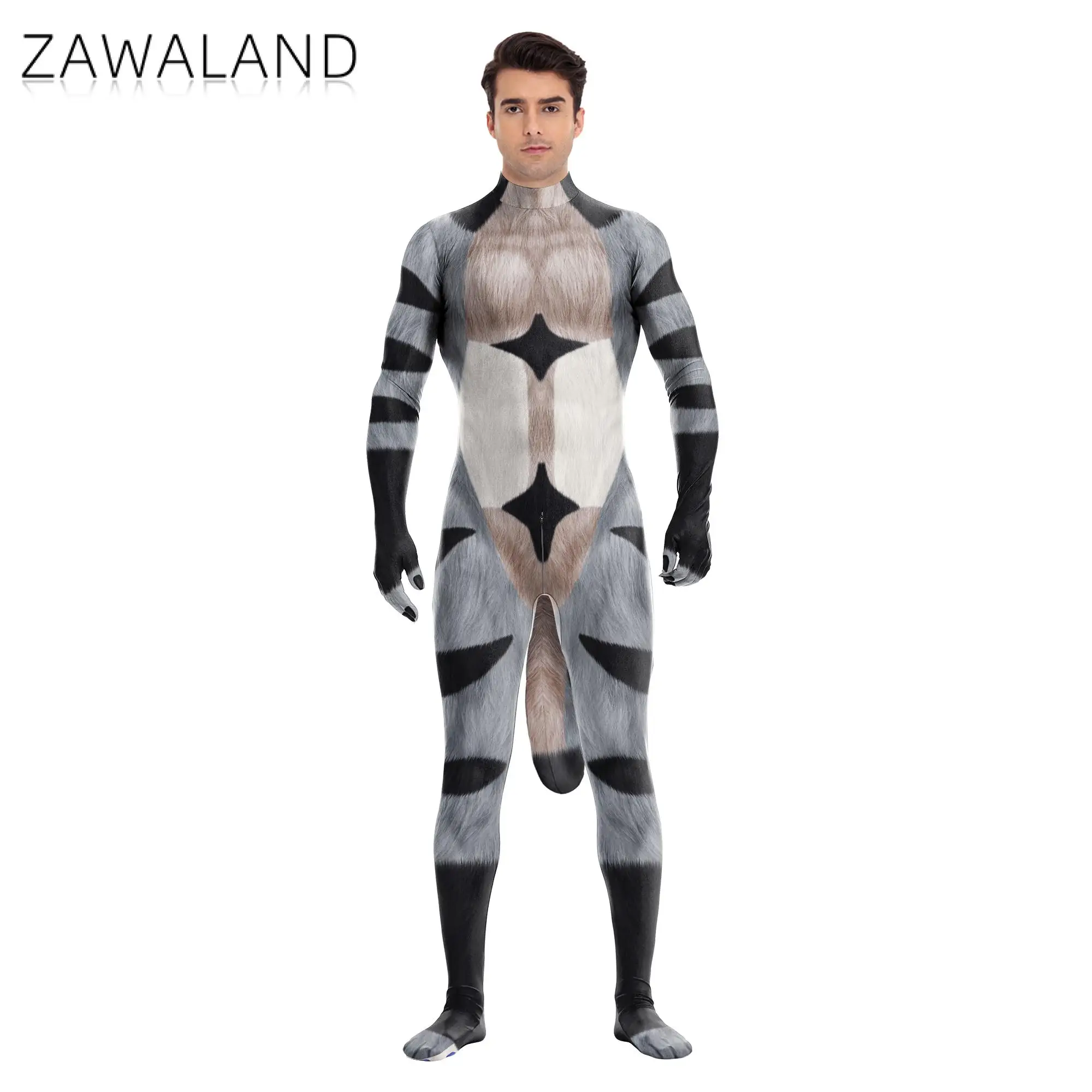 Zawaland Raccoon Furry Petsuit Animal Cosplay Costume Carnival Purim Fancy Zentai Bodysuit Crotch Zipper Party Jumpsuits