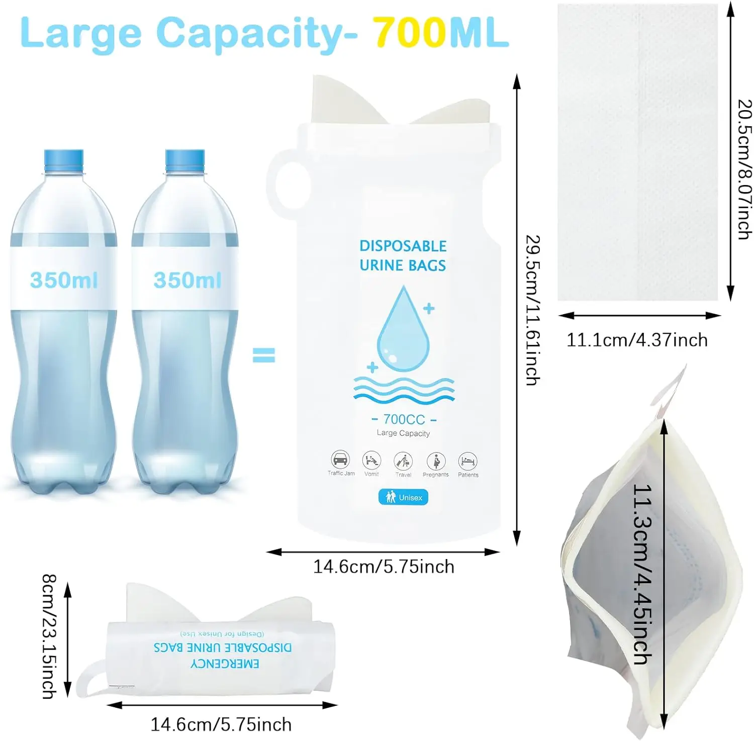 1/3/5PCS 일회용 소변 주머니 700ml - 여행/캠핑/환자용 휴대용 남녀공용 비상용 소변 주머니