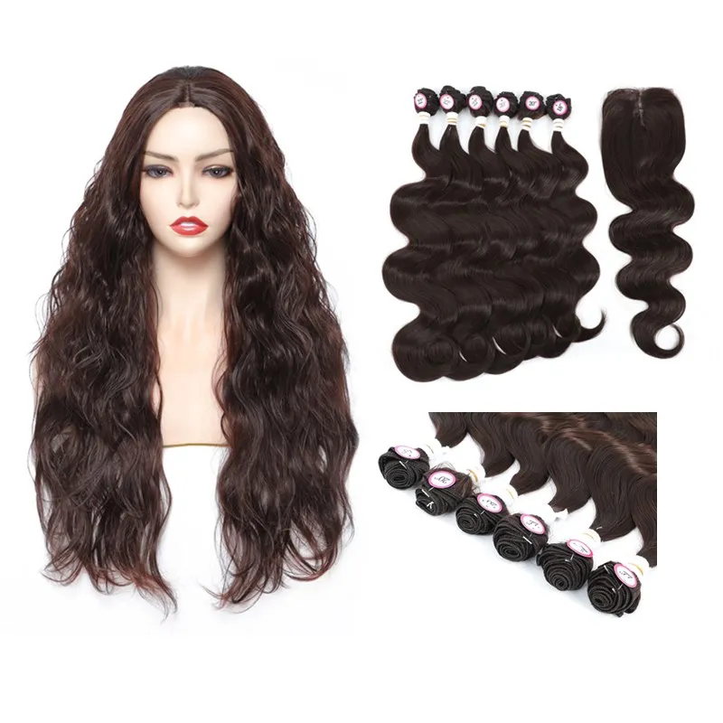 IPARTY Synthetic Hair Bundles with 4X4 Lace Closure Body Wave Long Dark Brown Hair Extension For Unprocessing Wig Weaving Weave