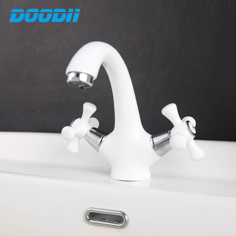 

Classic White Ceramic Bathroom Basin Faucet Mixer Toilet Faucet Double Handle Bath Tap hot and cold Water Mixer Control DOODII