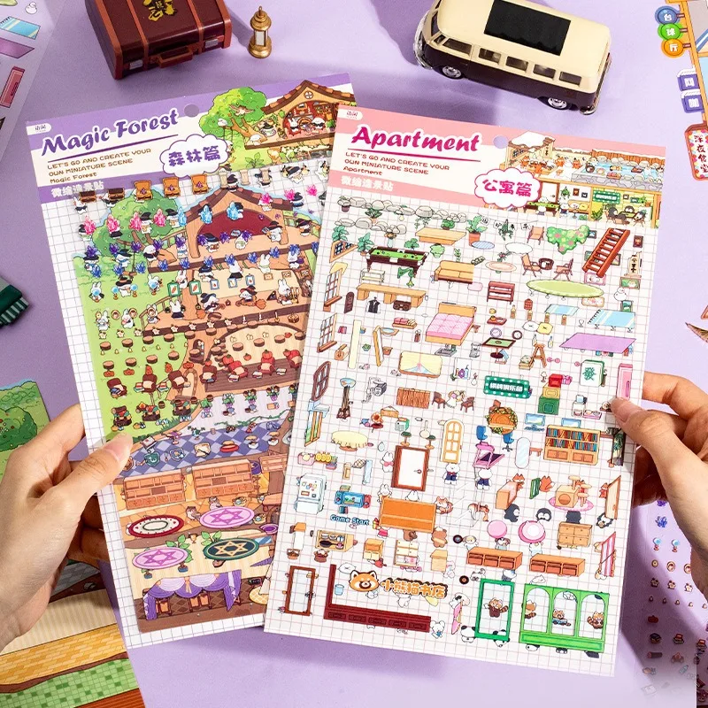 PET 3D Miniature Landscape World Fun Series Sticker Kawaii Animal DIY Scene Sticker Fashion Gift for Kids Adult Decompression