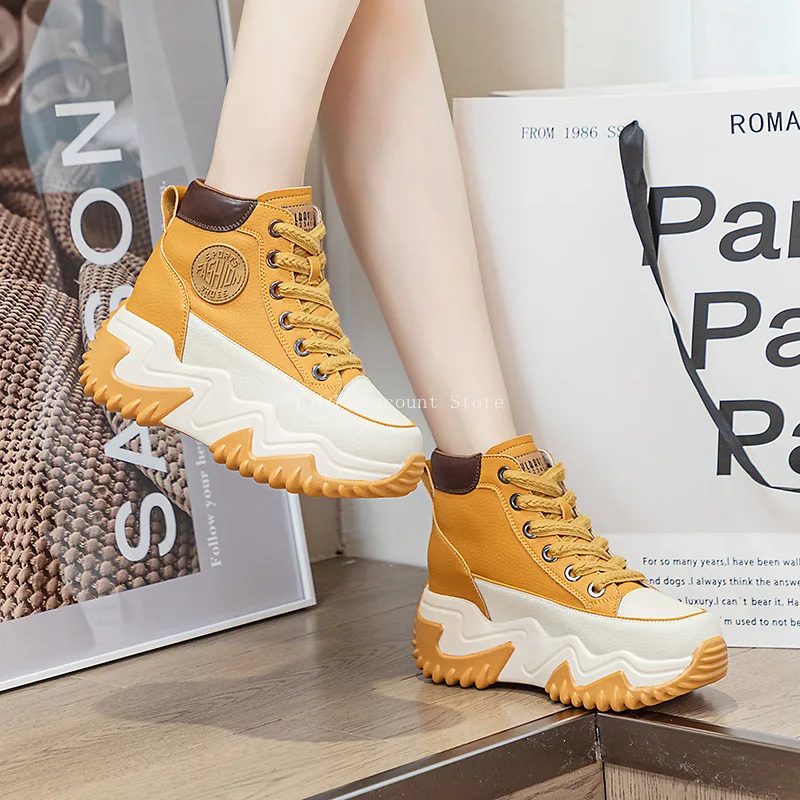 

Women's Platform Sneakers Boots White Yellow Girl Student Shoes Thick Bottom Black Sports Trainers Plataforma Mujer 2023 New