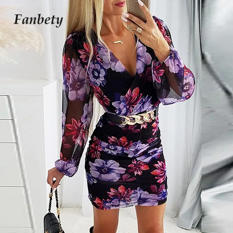 

Fashion Ladies V Neck Mesh Hip Wrap Dress Elegant 3D Flower Print Mini Dress Spring Perspective Long Sleeve Waisted Party Dress