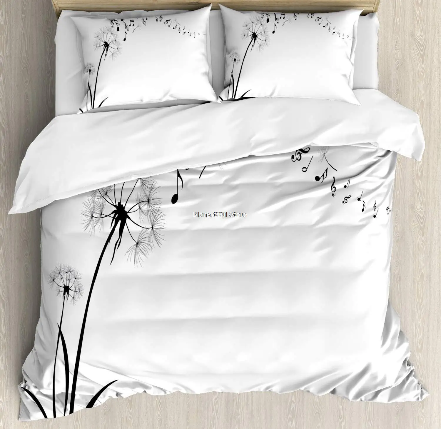 

Music Duvet Cover Set Flying Dandelions with Notes Music Summer Spring Meadow Silhouette Softness Simple Decorative 3 Piece Bed