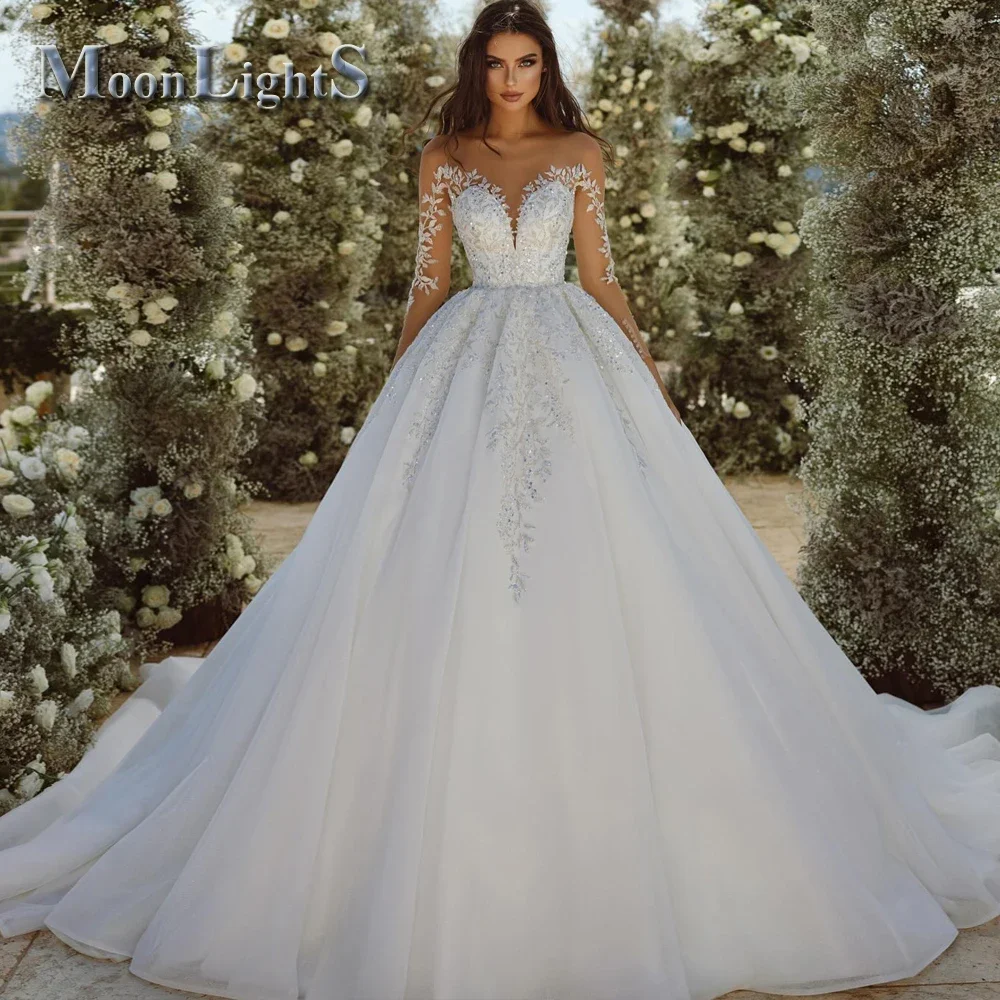 Moonlight Charming Sequin Wedding Dresses Lace Appliques Long Sleeves Ball Gown Bridal Gown Vestido De Noiva Customized