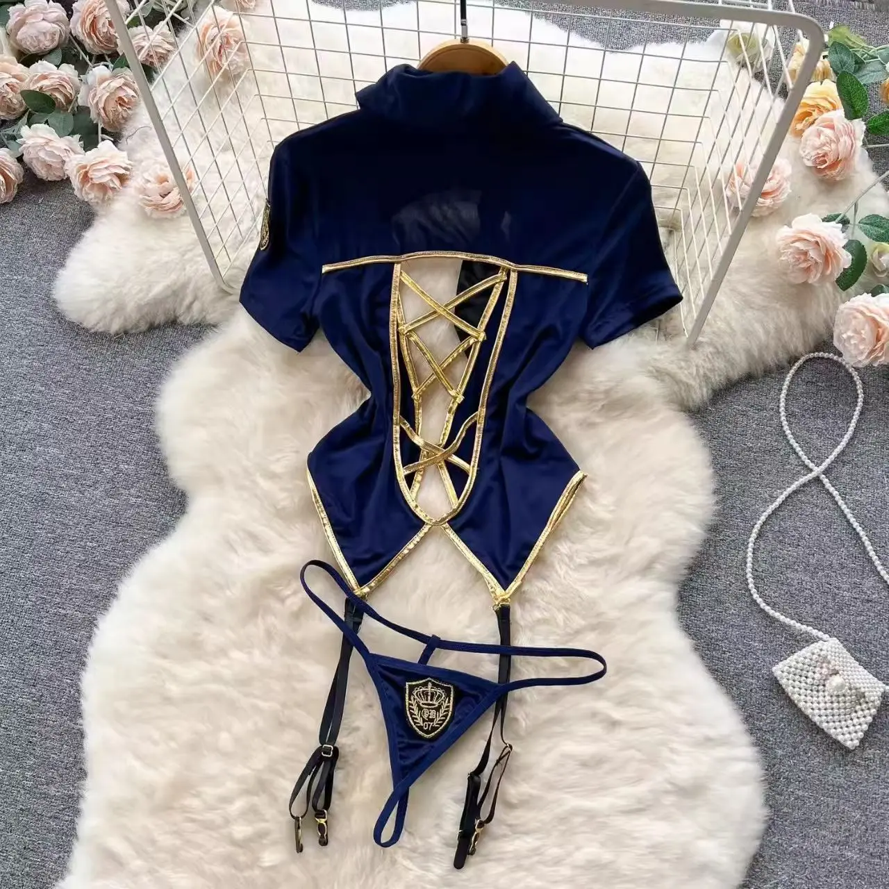 Sexy Office Lady's Role-play Shorts Set Short Sleeve Hollow Out Short Sleeve Rompers Thong 2 Pieces Set Erotic Lingerie Pajamas