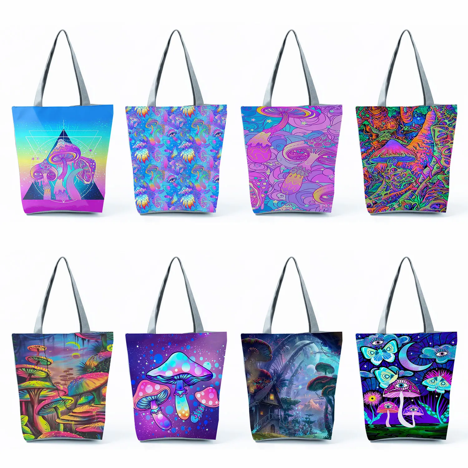 

Eco Reusable Cartoon Comics High Capacity Shopping Bag Portable Women Travel Tote Bags Bright Colors Mushroom Print Handbags