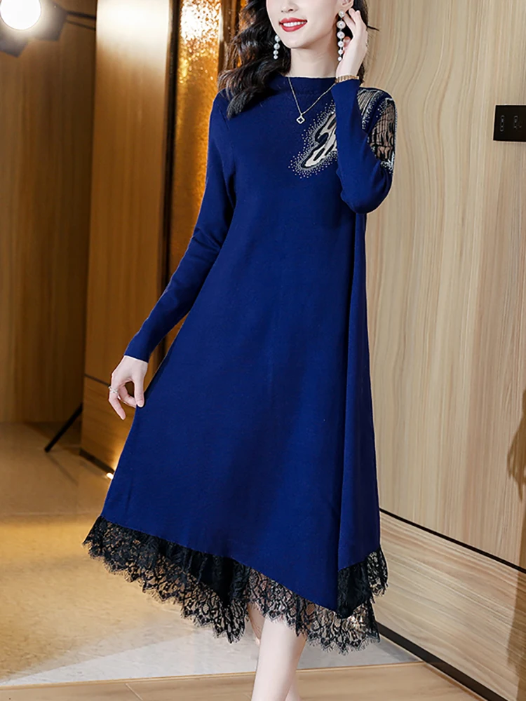 

Женское трикотажное Хлопковое платье миди, синее кружевное платье-свитер в Корейском стиле, винтажное платье на осень и зиму, 2024