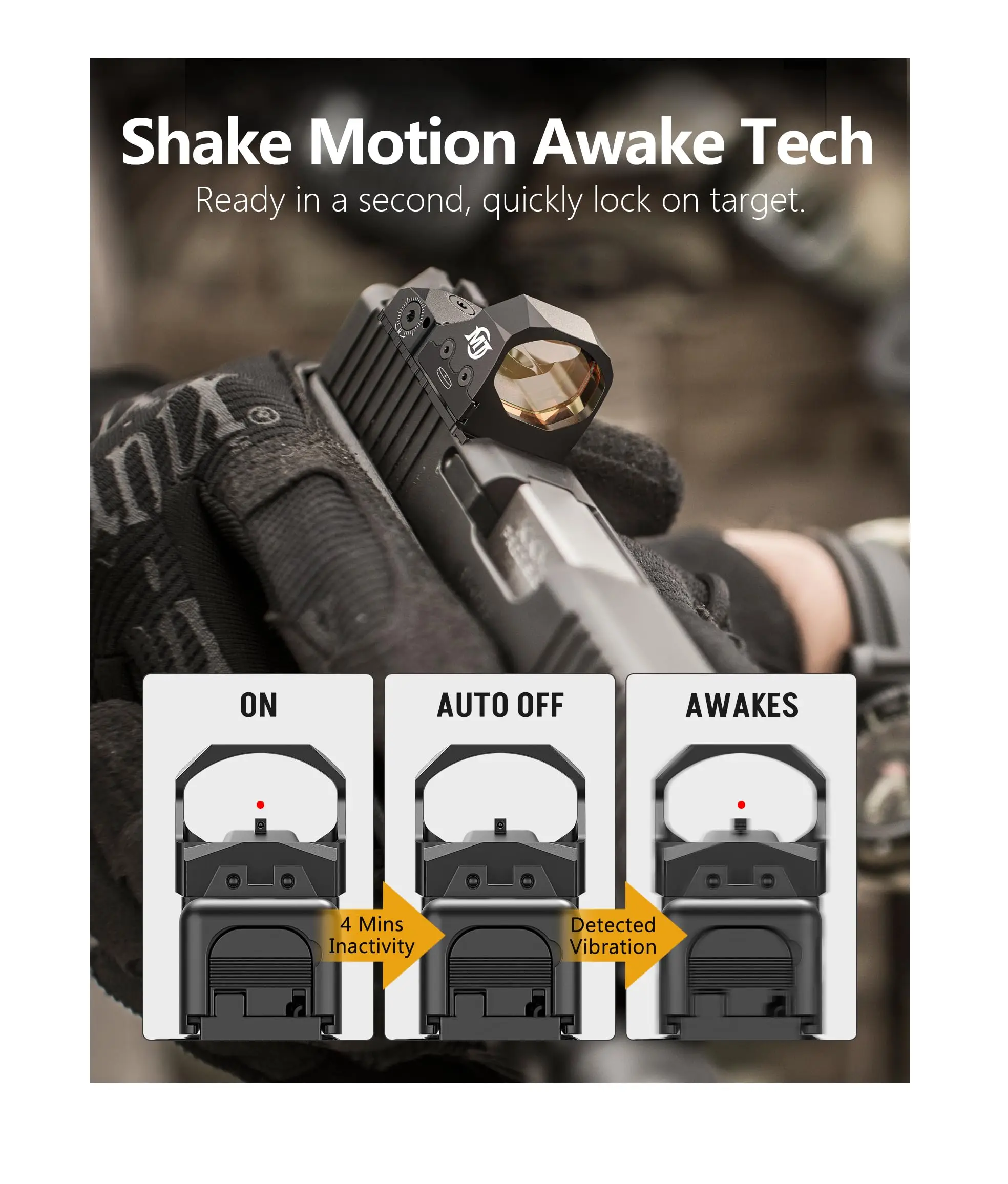 Airsoft Shake Motion Awake Red Dot Sight For RMR GL MOS Picatinny 3 MOA Pistol Optics 28mm Large Aspheric Lens Shockproof