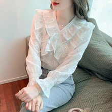 

Lotus Leaf Shirt Women 2022 New Fashion Chic Embroidery Cross V-neck Temperament Ladies Blouse Thin Long-sleeved Shirt Tops