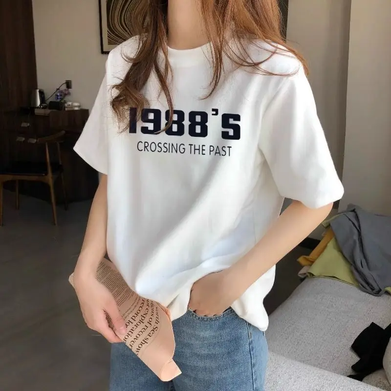 

Футболка с коротким рукавом на плечах, женская футболка с коротким рукавом и круглым вырезом, летний подходящий принт, свободный тренд, Топ контрастных цветов