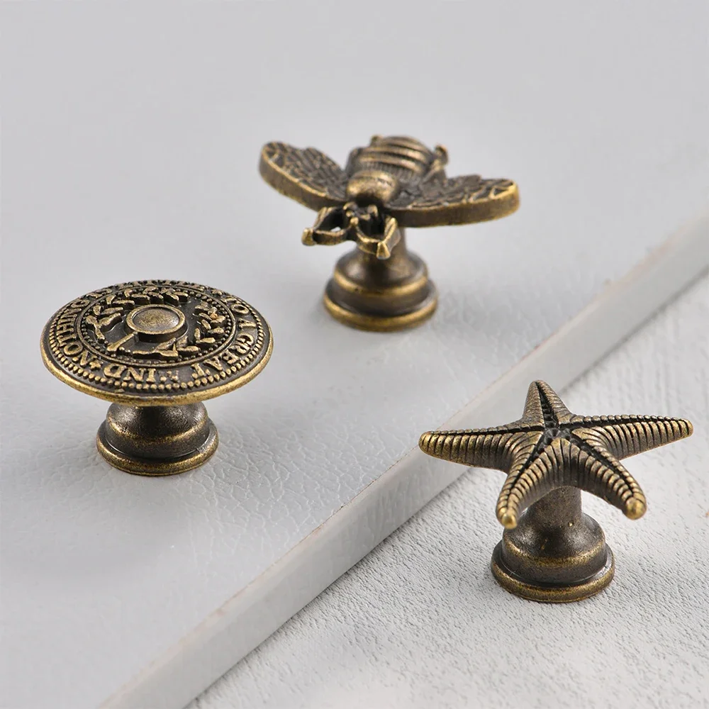 Antique Bronze Knobs w/screws Antique Bronze Creative Starfish Bee Round Pull Handle Single Hole 27mm Jewelry Box Cabinet 5pcs