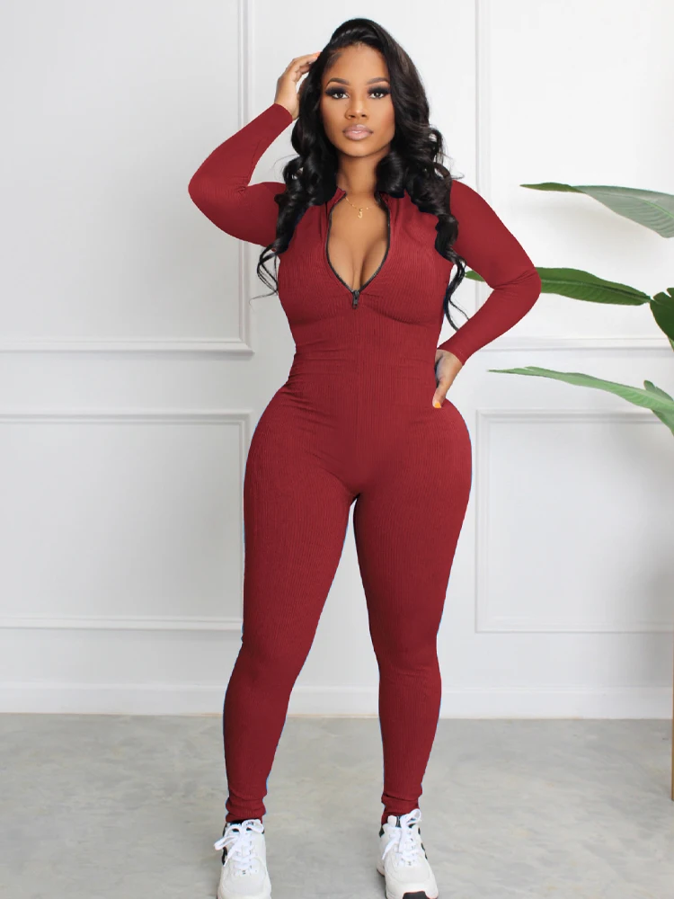 

2022 Spring Fall Streetwear Bodycon One Piece Rompers Women Long Sleeve Skinny Jumpsuits Joggers O Neck Zipper Birthday Outfits