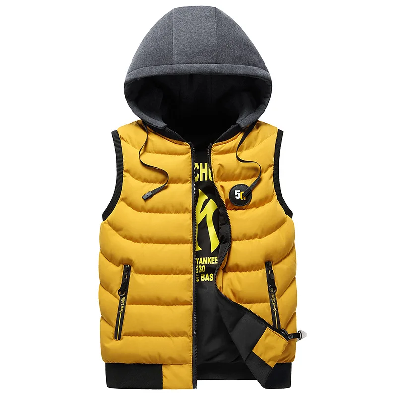 Men's Printed Hooded Vest, Fall Winter Thermal Cotton Streetwear, Zip-Up Casual Outdoor Puffer