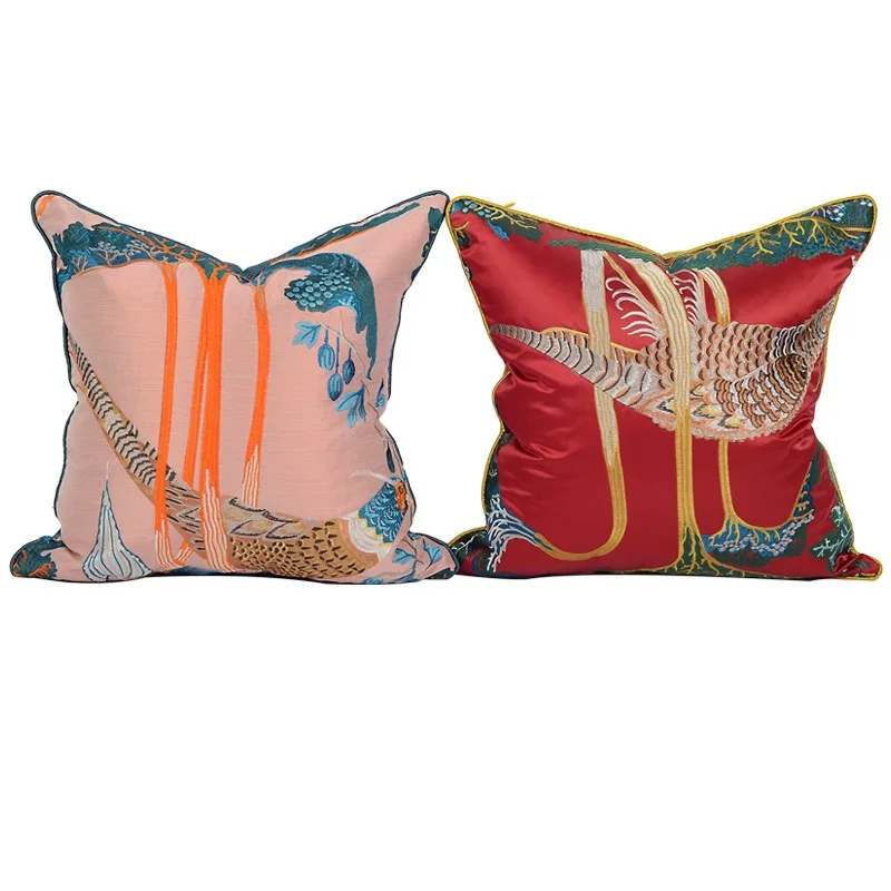 

Chinese Bird Pillows Pink Red Cushion Case Luxury Embroidery Decorative Pillow Cover For Sofa 45x45 50x50 Home Decorations