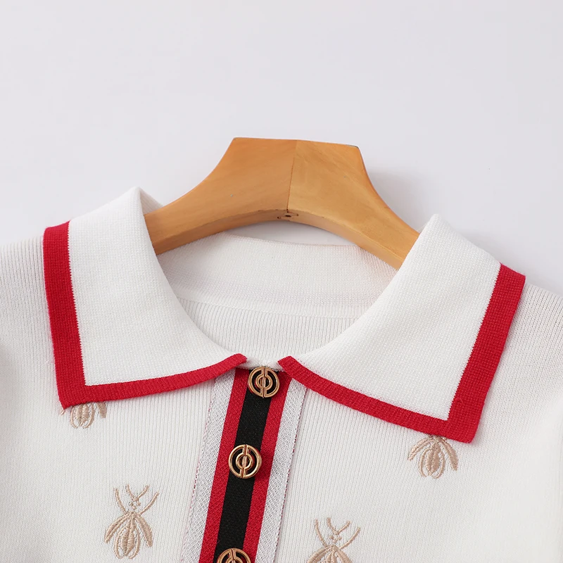 2024 Spring Summer Simple Knitted Skirt Slimming Short-sleeved Polo Collar Dress Fashion  Temperament British Style Mid-length 5