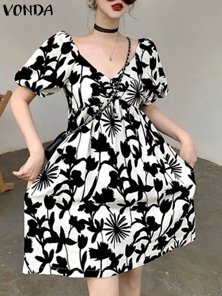 

VONDA Bohemian Floral Printed Mini Dress Women Sundress 2023 Summer Sexy V-neck Vintage Short Sleeve Casual Loose Beach Vestidos