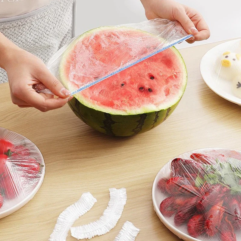 100PCS Disposable Plastic Wrap Tear Free Colored Food Grade Size Plates Universal Elastic Food Cover Shower Cap Kitchen Storage