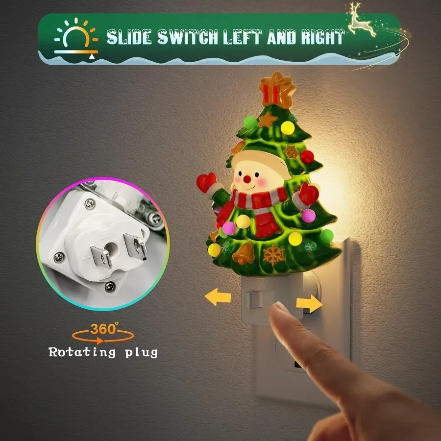 Cute and Funny 3000K Ceramic Christmas Tree and Snowman Night Light with 360 Rotatable Design Plugin WallMounted Decorative Nig