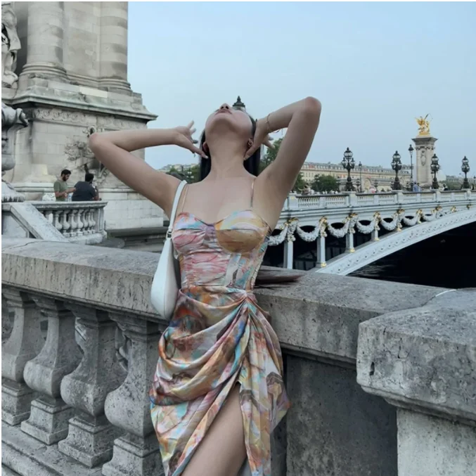 Women Vintage Yellow Tie Dye Flower Print  Spaghetti Strap Dress Hem Slim Waist Slit Irregular Dresses Sling Split Skirt