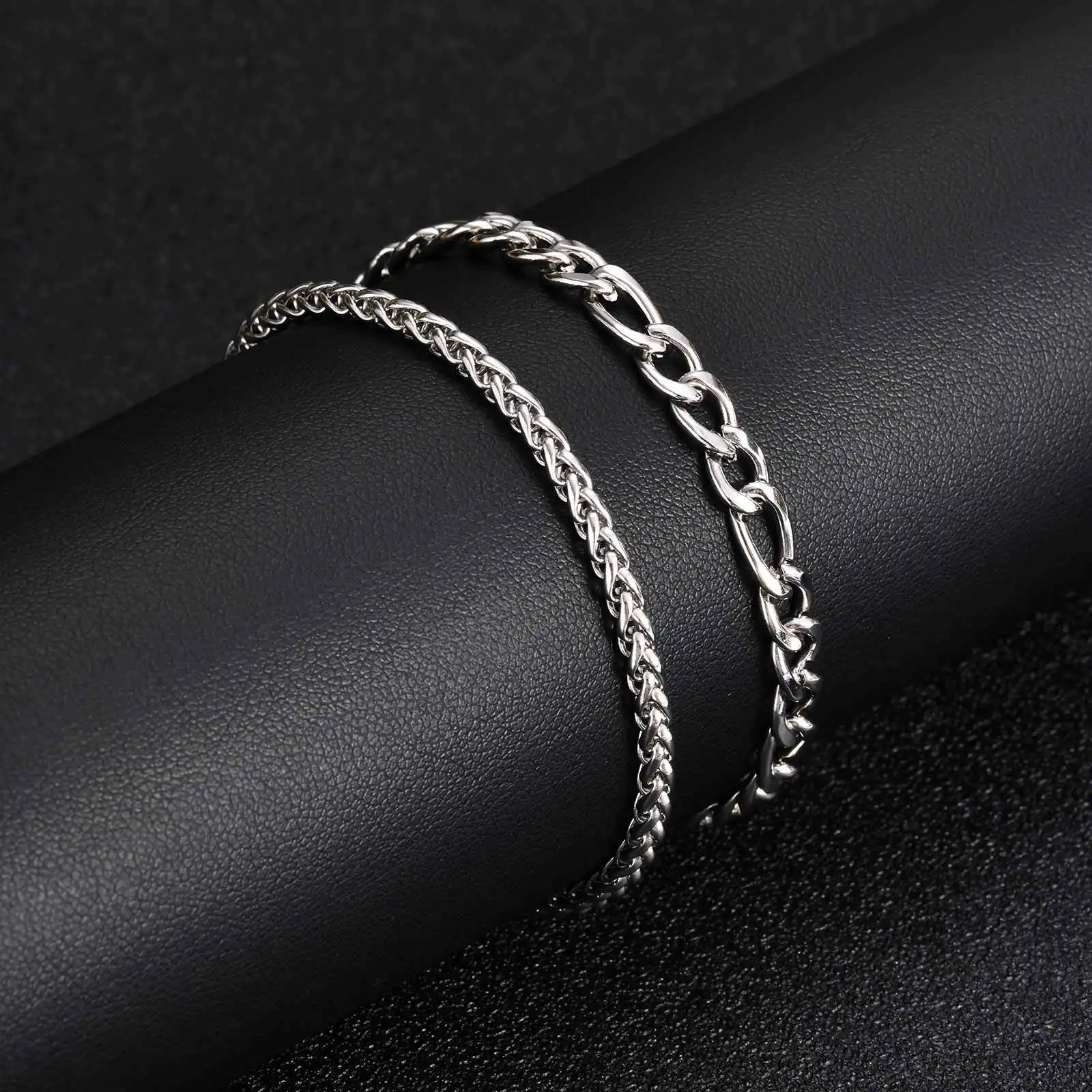 2pcs Stainless Steel Bracelet for Men,Silver Color Wheat Chain Figaro Chain Link Bracelets,Hip Hop Trend Jewelry Gift