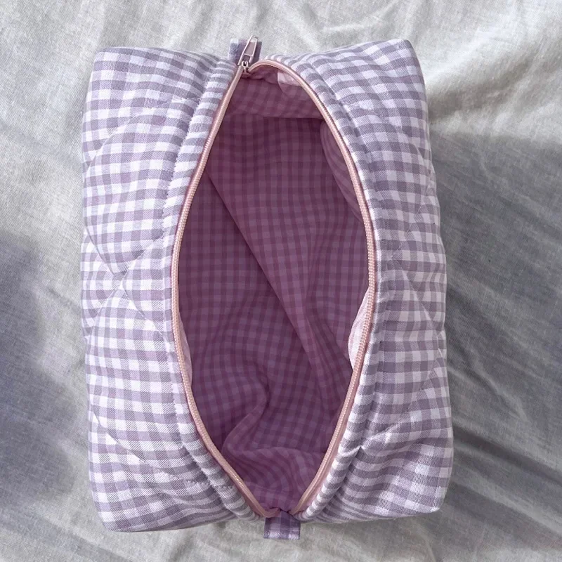 Fashion Checkered Floral Makeup Bag Large Capacity Portable Cosmetic Storage Bag Cotton Quilted Wash Bag Skincare Pouch