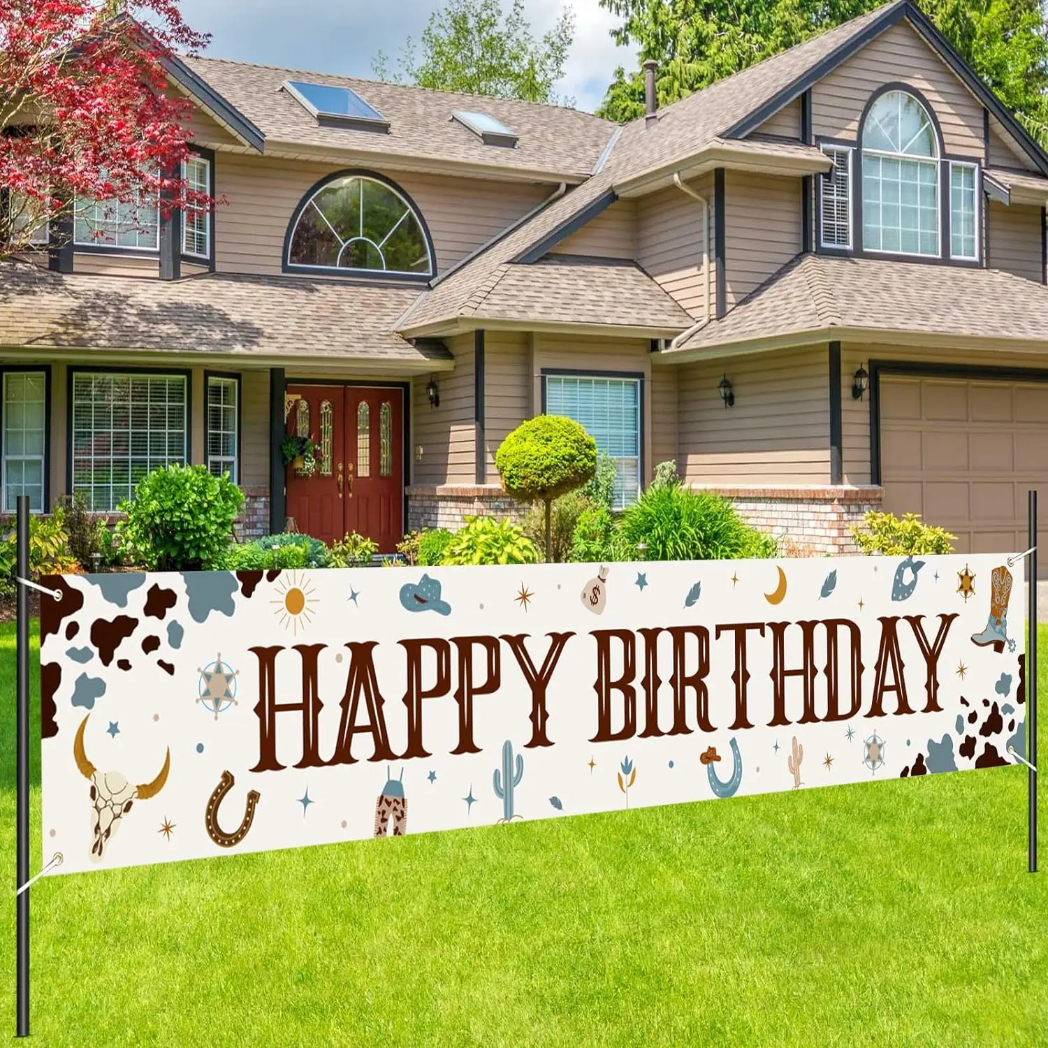 

Cowboy Happy Birthday Banner, Large Western Theme Yard Sign, Wild West Party Decor, Photo Booth Props for Indoor and Outdoor