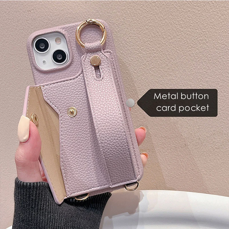 Solid Color Leather Wallet Case with Card Pocket and Ring Holder