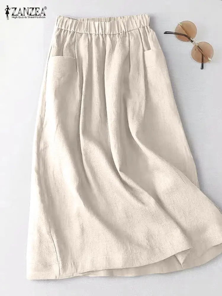 ZANZEA Women A Line Cotton Skirt Elastic Waist Midi Skirt Solid 2024 Summer Korean Side Pockets Falda Saias Casual Holiday Jupe 1