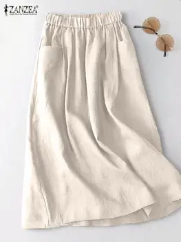 ZANZEA Women A Line Cotton Skirt Elastic Waist Midi Skirt Solid 2024 Summer Korean Side Pockets Falda Saias Casual Holiday Jupe 1