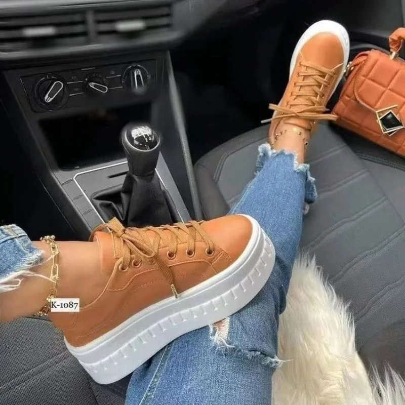 2024 Women Sneakers Solid Color Pu White Shoes Skateboard Height Increased Platform Vulcanized Casual Winter Lady Lace-Up Flats 5
