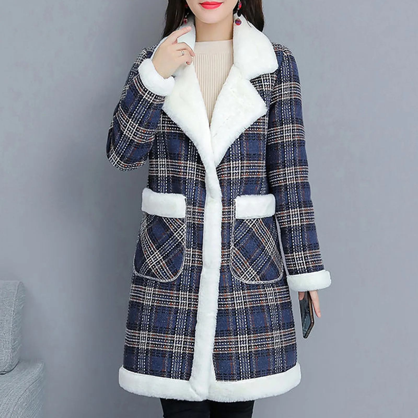 

Women'S Cardigan Plaid Medium Length Lapel Plush Jacket Coat Overcoat Casual Ladies Contrast Color Loose Plush Coat Fashion 2023