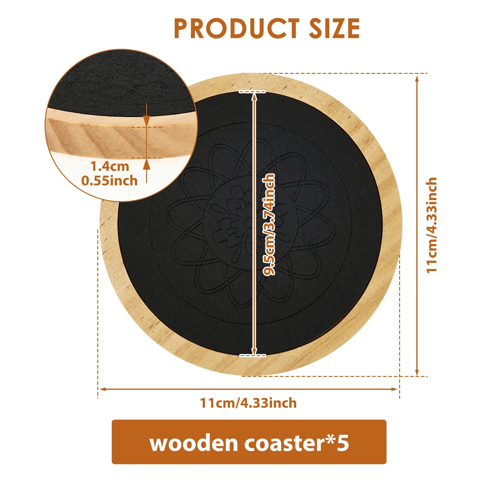 5Pcs Wood Coasters Home Dining Table Decor Wood Cup Pad Round Wood Cup Mat Felt Absorbent Coaster Set for Coffee Hot Drinks