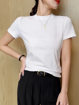 الصيف الأساسية القطن تي شيرت للنساء 2025 الكورية نمط امرأة ملابس قصيرة الأكمام تيز س الرقبة الصلبة بلايز ملابس علوية غير رسمية Mujer