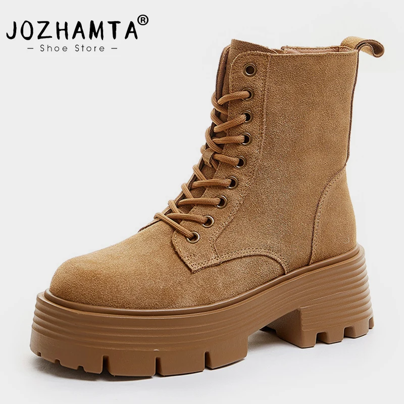 

JOZHAMTA Size 34-41 Women Ankle Boots Suede Thick High Heels Winter Shoes For Women Lace-Up 2024 Fashion Zipper Platform Boots