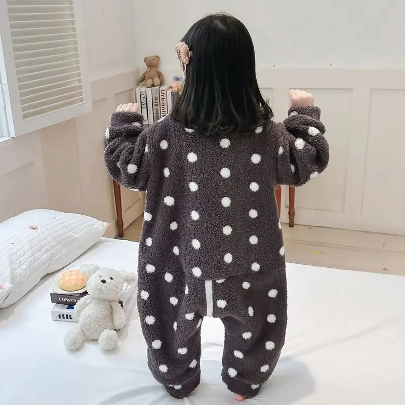 Girls' Jumpsuit Winter Coral Fleece Sleeping Bag New Girls' and Children's Flannel Home Clothes for Boys Polka Dot Rompers