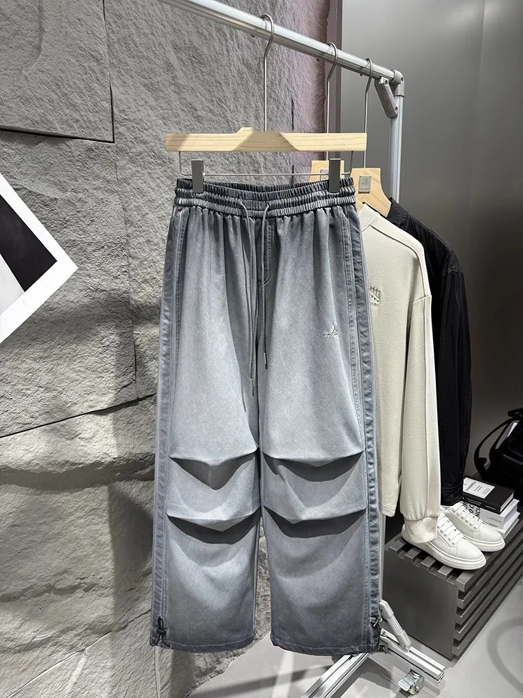 Vintage Mens Casual Pants Loose Fit Straight Trousers Drawstring High Street Hip Hop Personality New Spring Wide Leg Pants Male 3