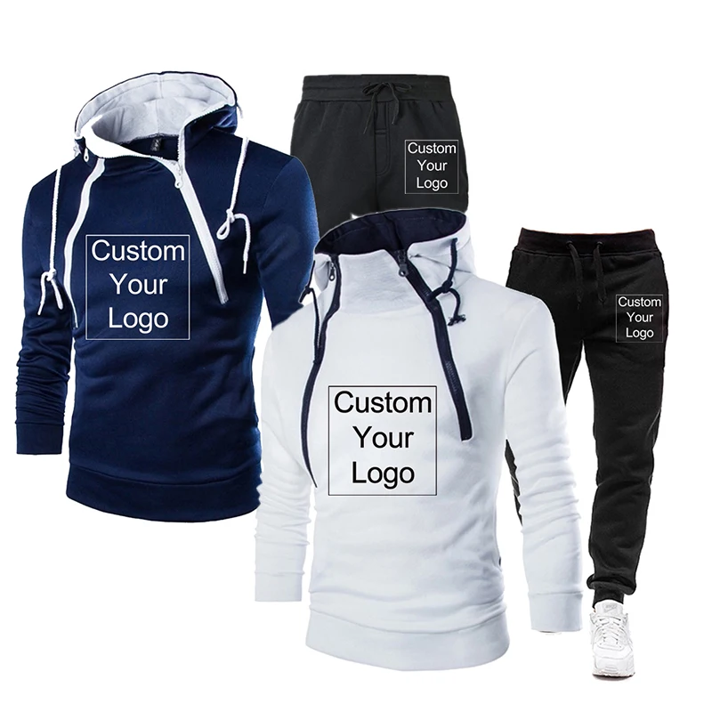 Spring Autumn Custom Logo New Fashion Placket Double Zipper Cardigan Contrast Hooded Coat Suit 2 Pcs Tracksuit