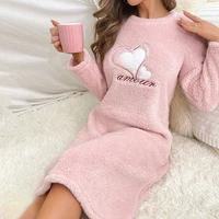 Super-Soft Flannel Nightgown Pink Heart Embroidery Long-Sleeve Round Neck Dress Comfortable Fit Warm Women's Homewear Loungewear - Image 3