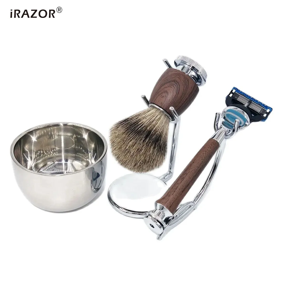 IRAZOR 전문가용 퓨전 5 면도 키트, 천연 오소리 브러시, 로즈우드 그레인, 방수 면도기, 남편 이발 도구